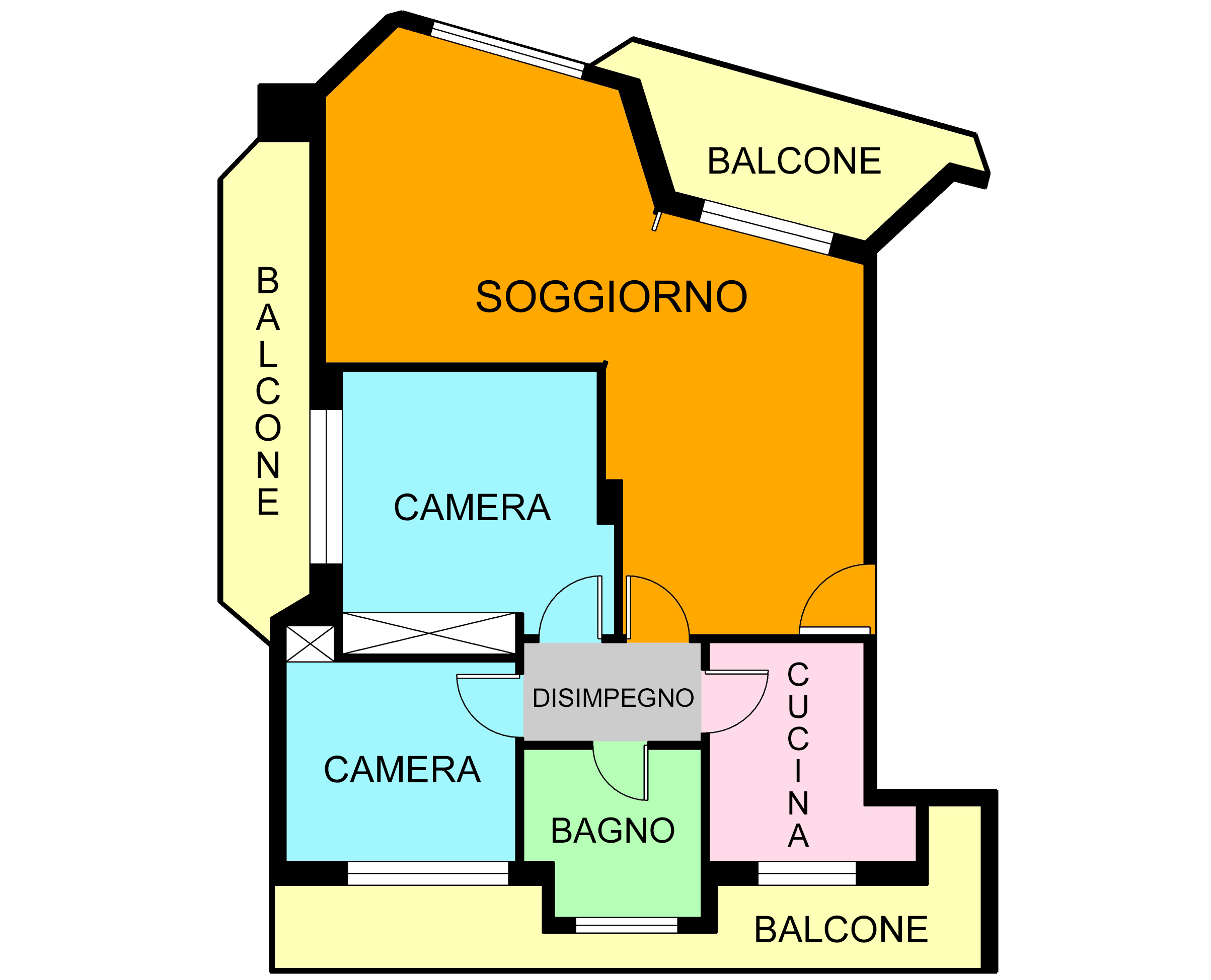 2D apartment floor plan showcasing color-coded rooms for easy identification of living areas, bedrooms, and more.