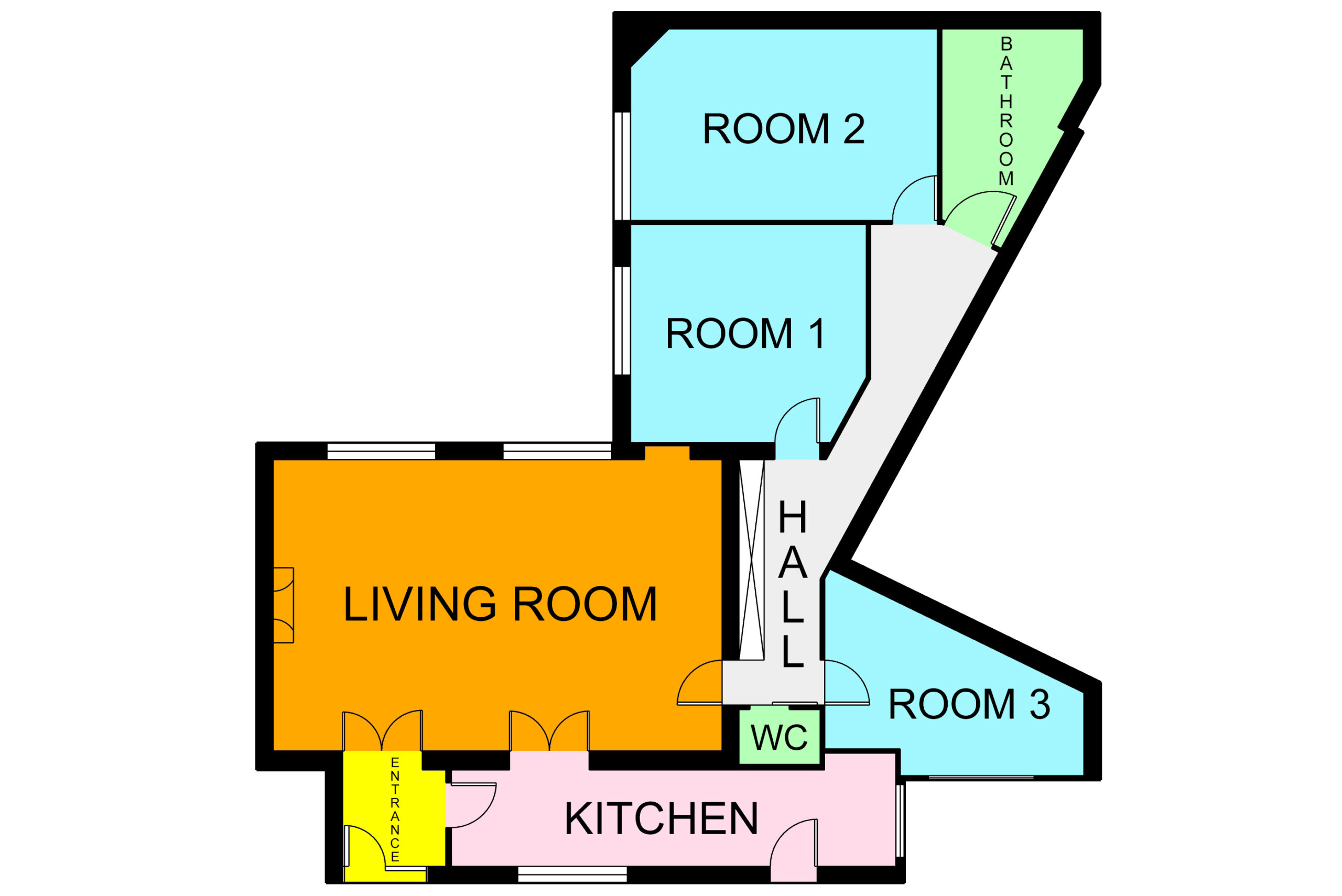 2D apartment floor plan showcasing color-coded rooms for easy identification of living areas, bedrooms, and more.