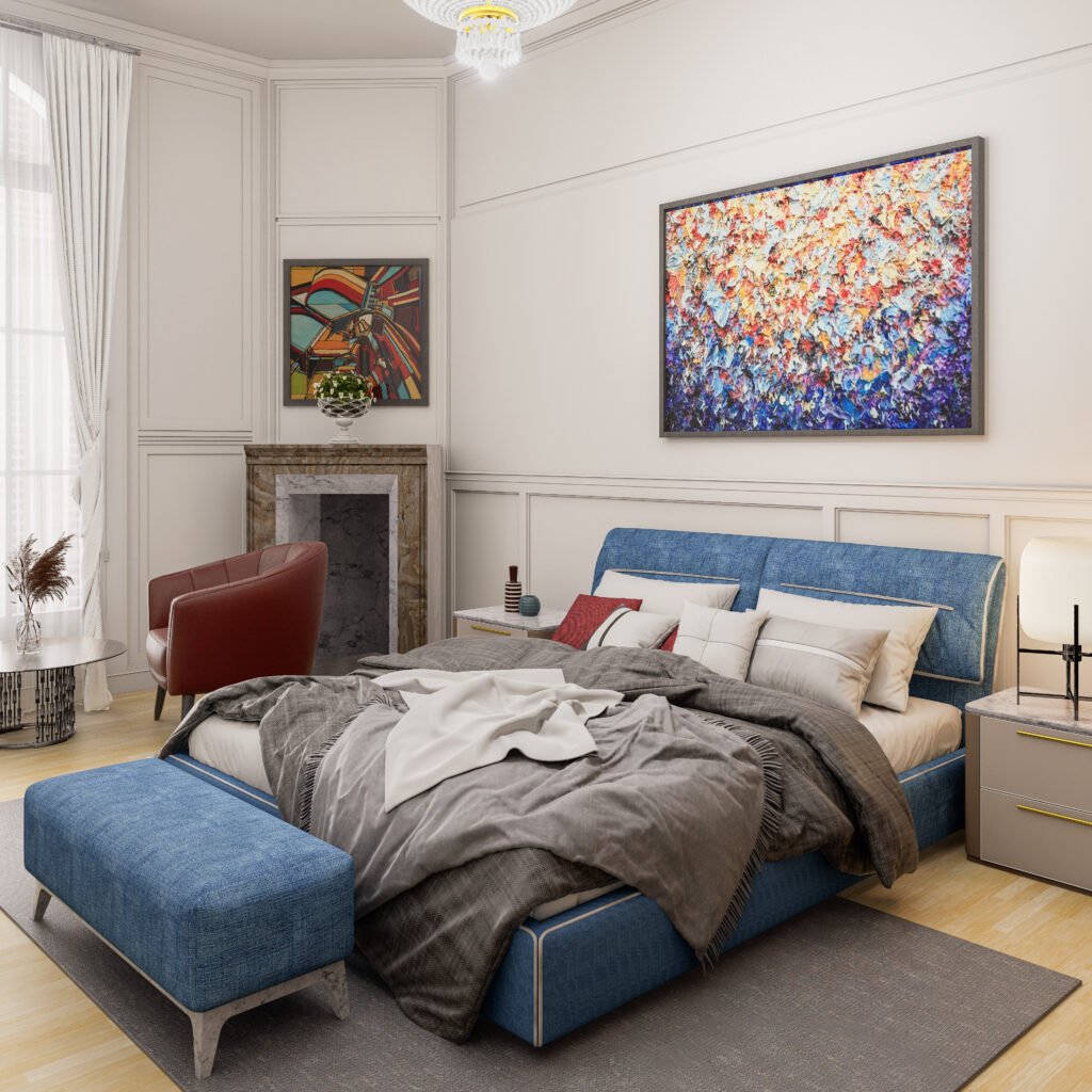 Elegant bedroom with armchairs and coffee table