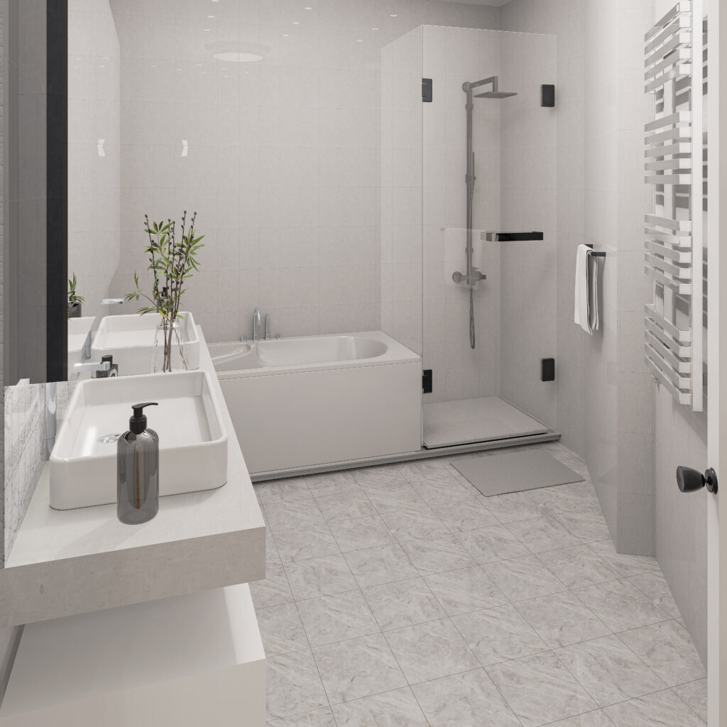 3D rendered bathroom with dual wash basin, bathtub, and shower