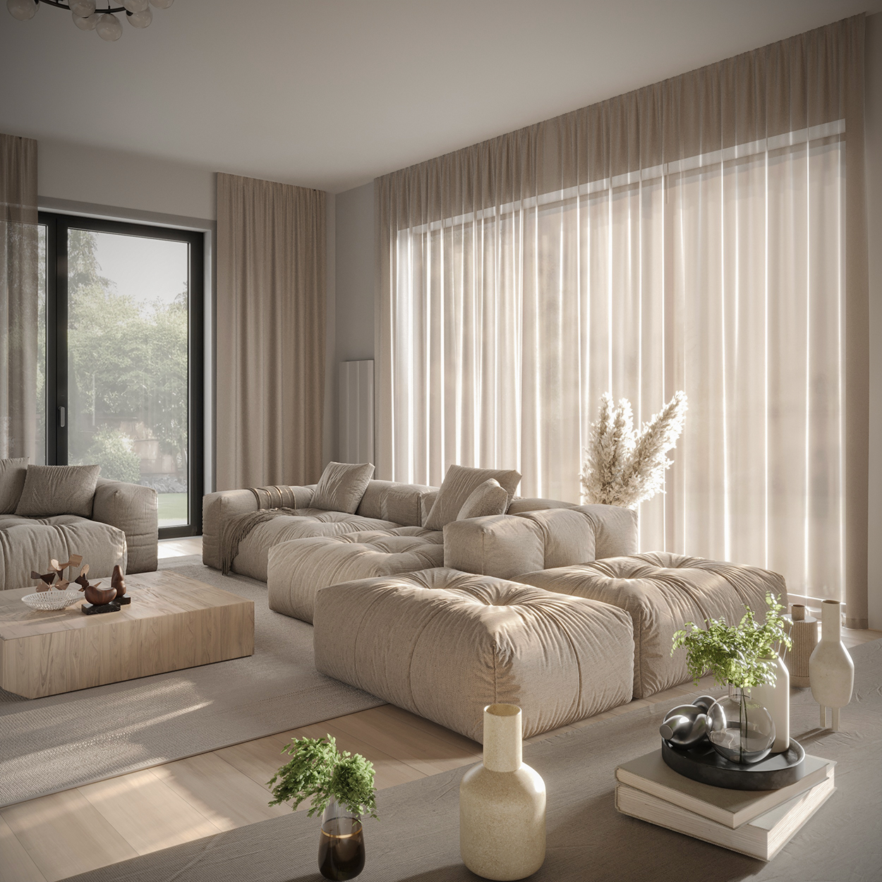 Bright living room with large windows, two sofas, a coffee table, and a decorative foreground table.
