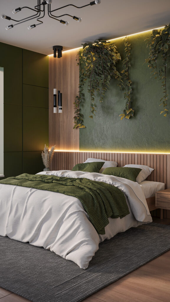 Stylish bedroom 3D rendering with green accent wall, modern lighting, and natural wood details.