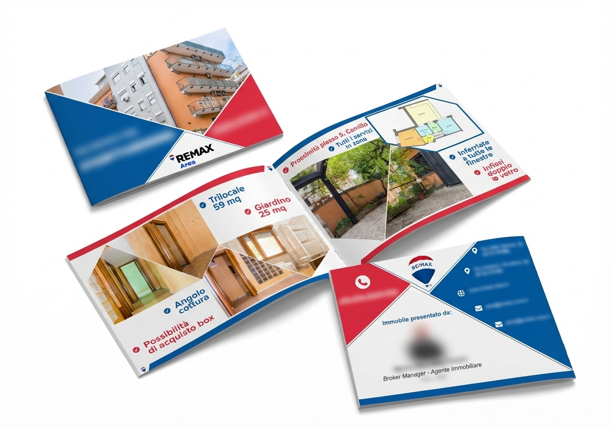 RE/MAX property presentation brochure showing apartment photos, floor plan, and key property features.